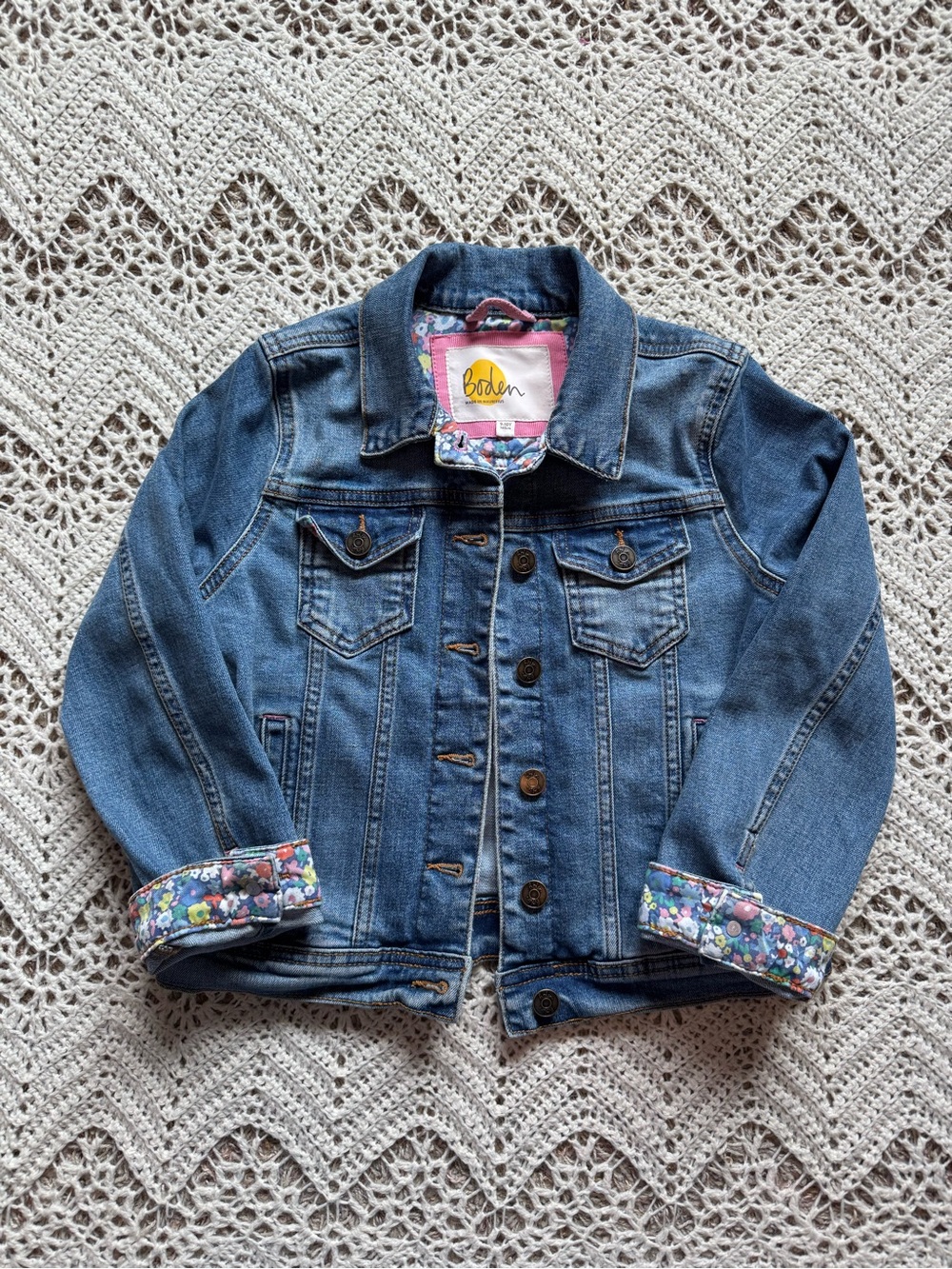 Boden Blue Denim Jacket Pink Floral Trim Size 9/10 Casual Cute Layering Flowers